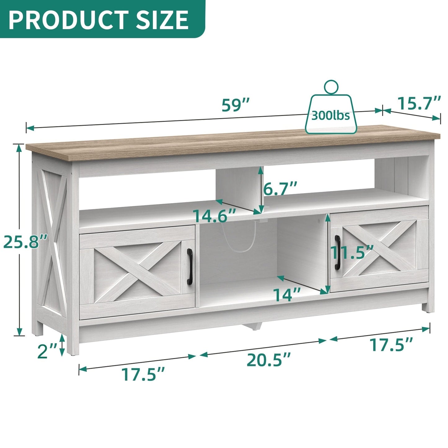 Farmhouse TV Stand for up to 65 TV with Doors and Open Shelves Media Console Power Outlet