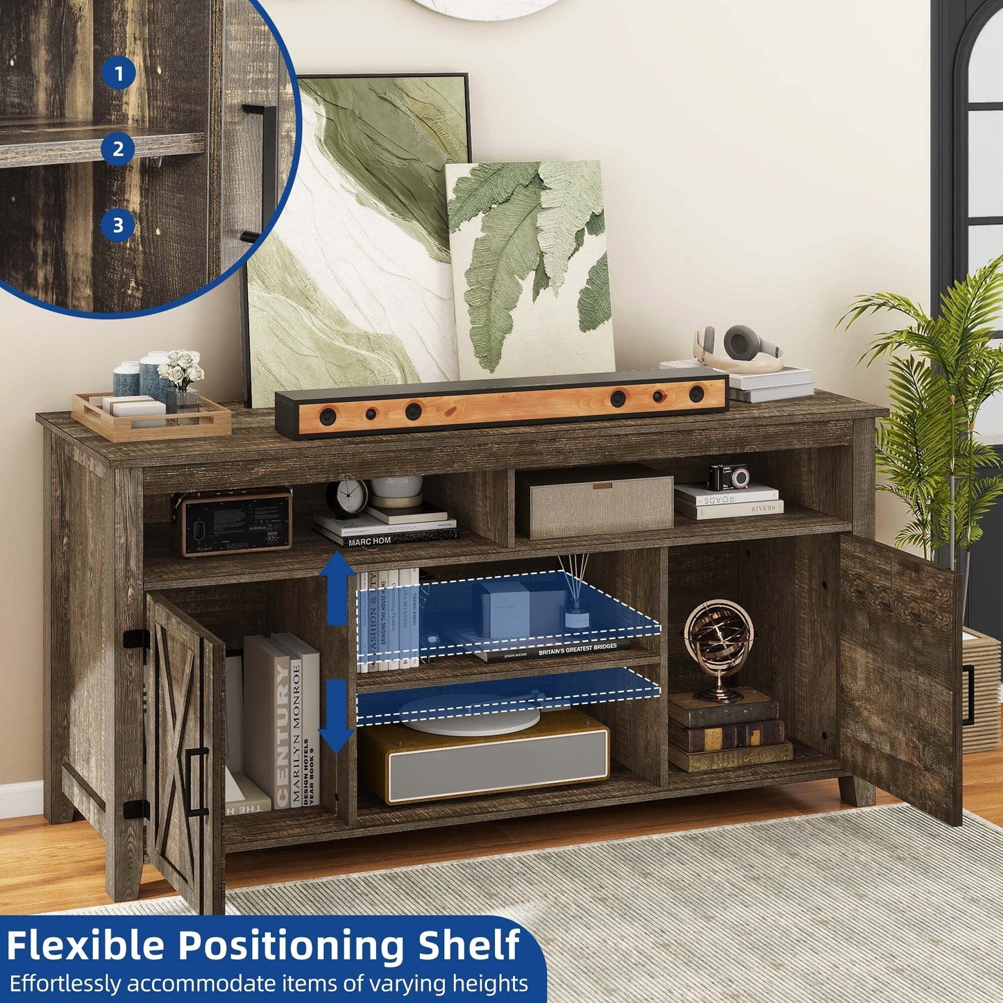 Farmhouse TV Stand for up to 65 TV with Doors and Open Shelves Media Console Power Outlet