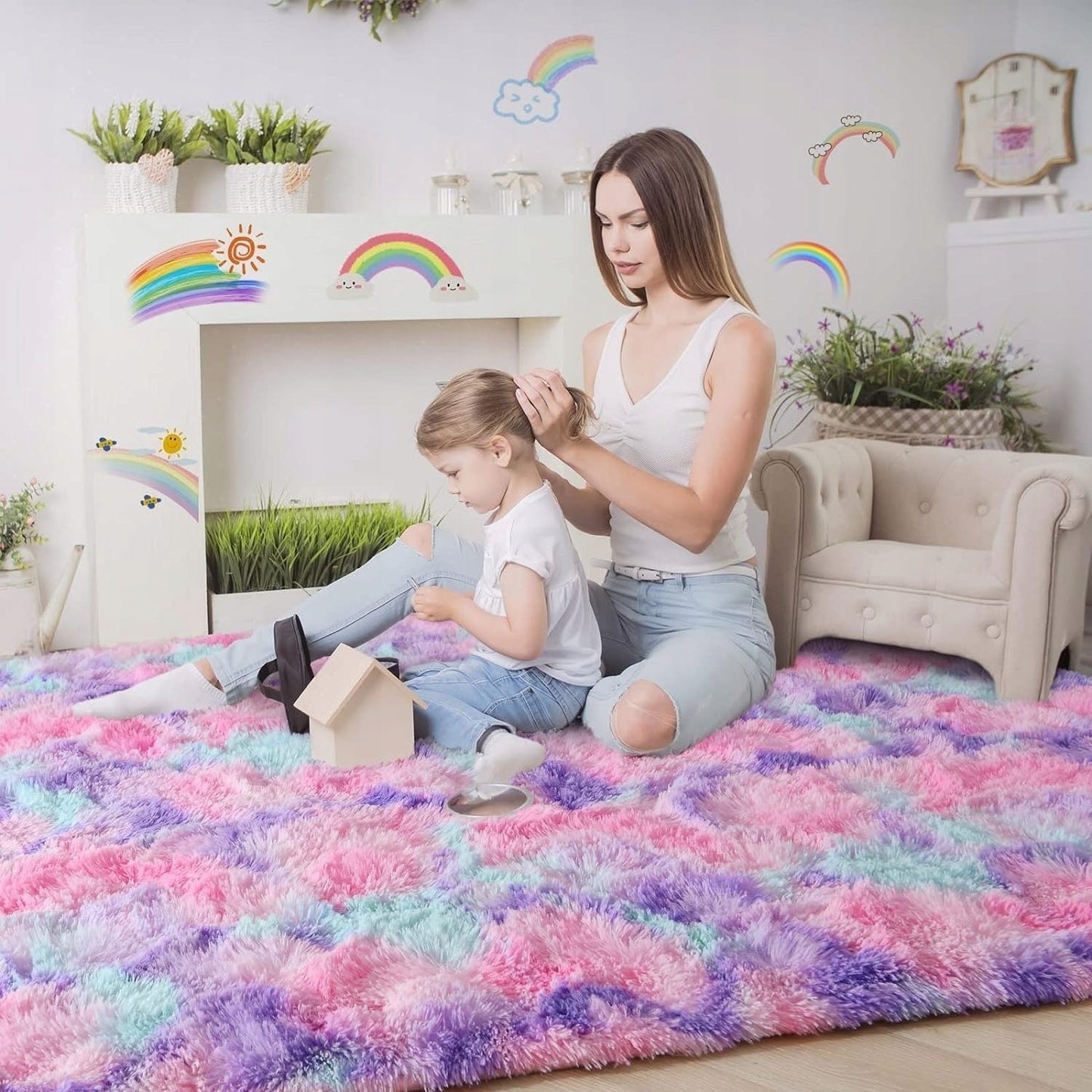 Fluffy Rainbow Nursery Rugs for Girls Kids Play Room Mats