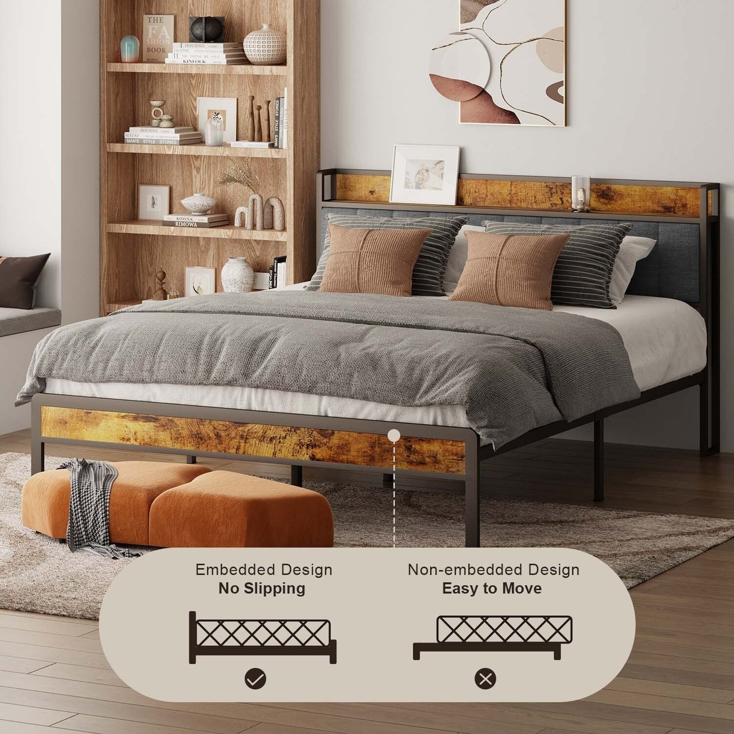 Twin / Full / Queen / King Size Metal Platform Bed Frame with Upholstered Storage Headboard
