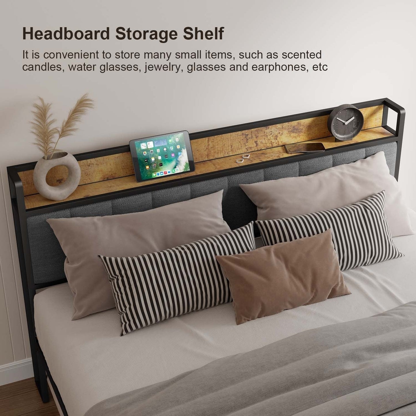 Twin / Full / Queen / King Size Metal Platform Bed Frame with Upholstered Storage Headboard