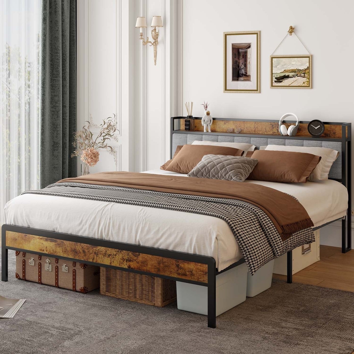 Twin / Full / Queen / King Size Metal Platform Bed Frame with Upholstered Storage Headboard