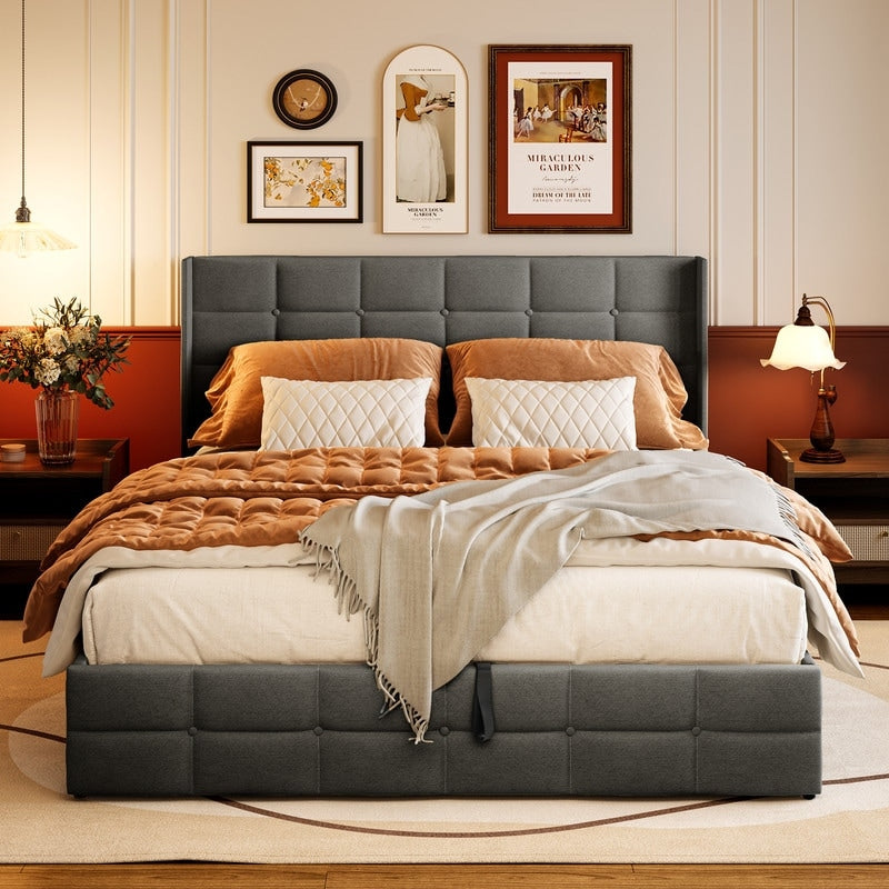 Lift Up Storage Bed Frame, Upholstered Platform Bed Frame with Hydraulic Storage System and Headboard
