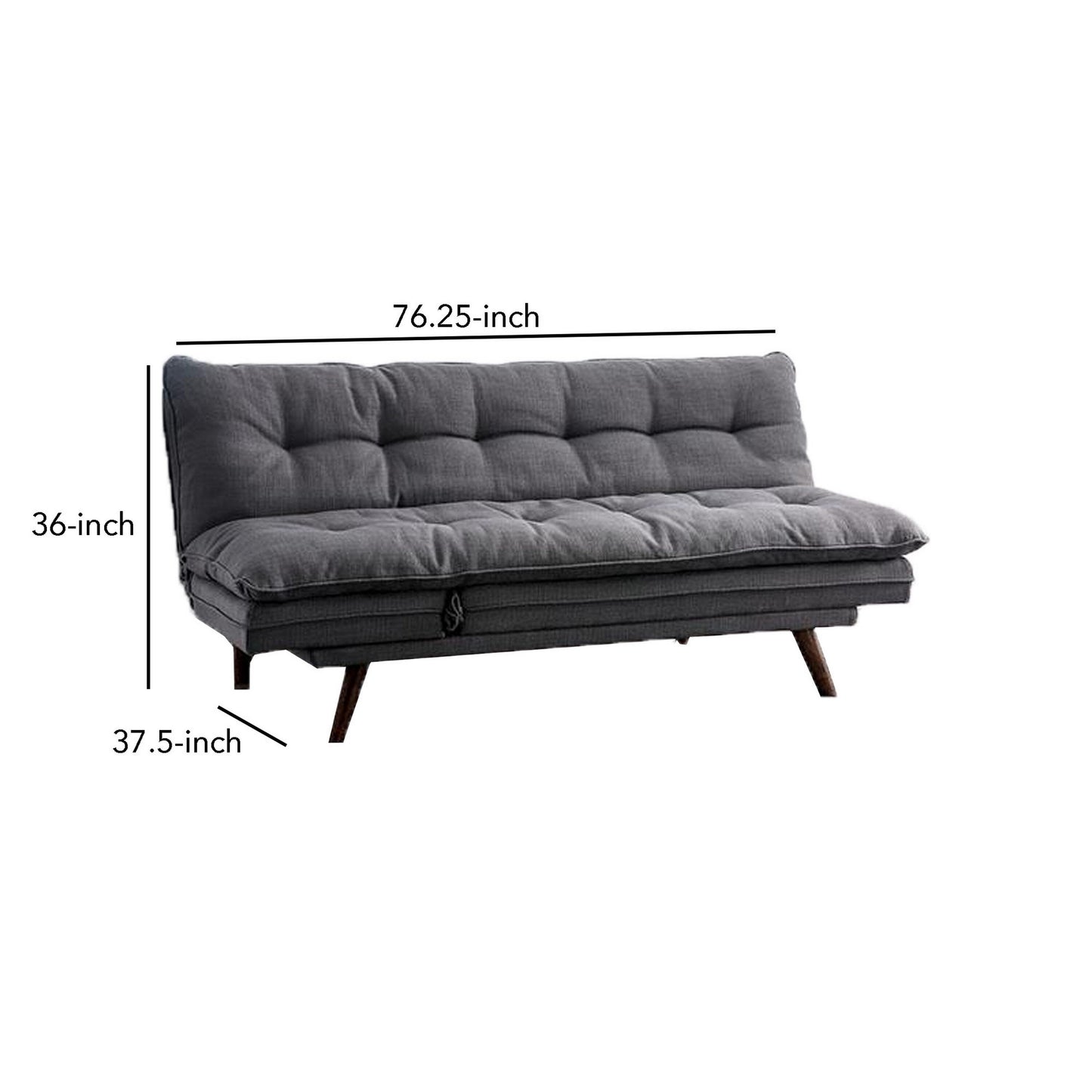 Canapé futon, tissu gris, capitonnage à boutons, structure en bois massif