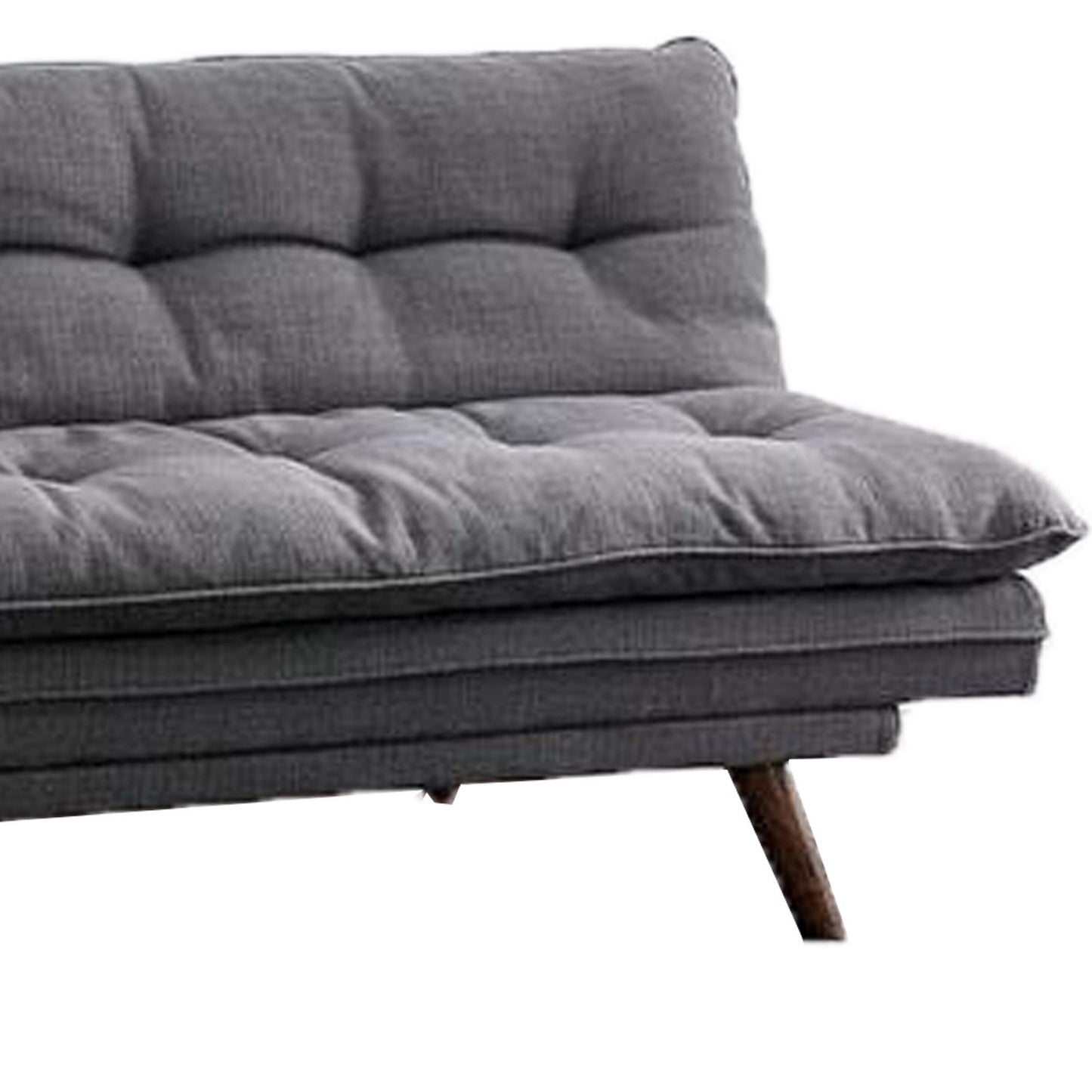 Canapé futon, tissu gris, capitonnage à boutons, structure en bois massif