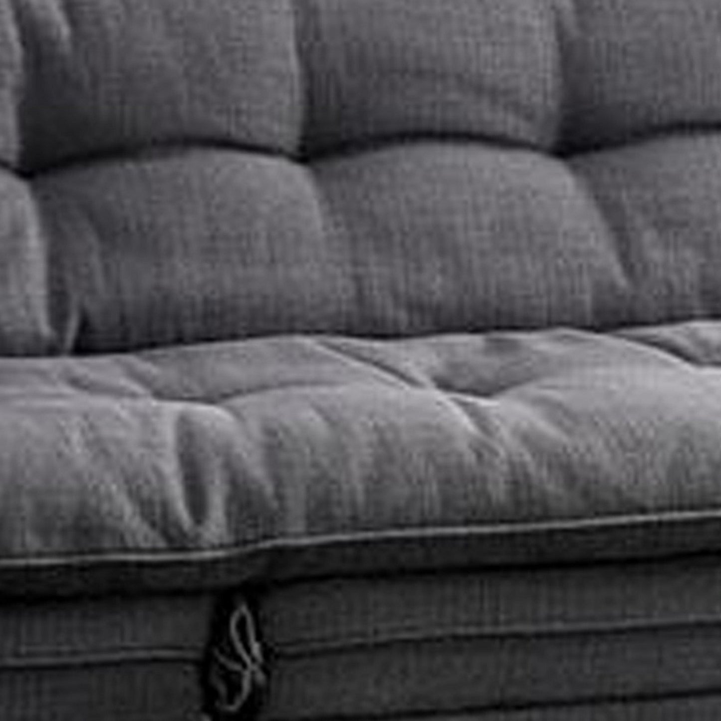 Canapé futon, tissu gris, capitonnage à boutons, structure en bois massif