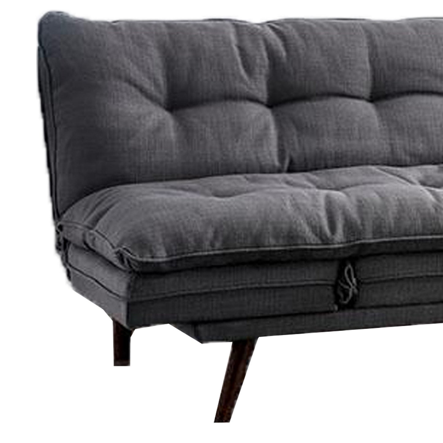 Canapé futon, tissu gris, capitonnage à boutons, structure en bois massif
