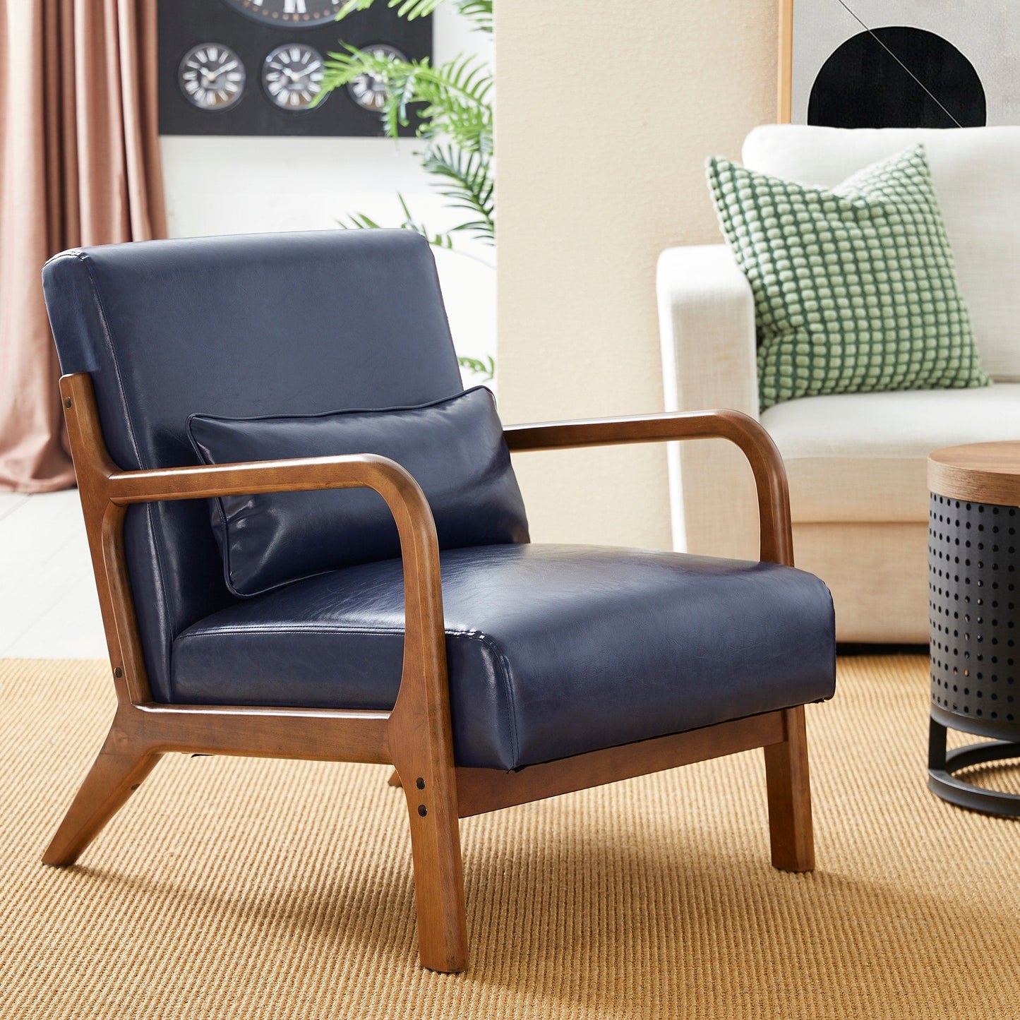 Glitzhome 30.75H Mid-Century Modern PU Leather Armchair Accent Chair with Pillow - 25.75W x 33.75D x 30.75H
