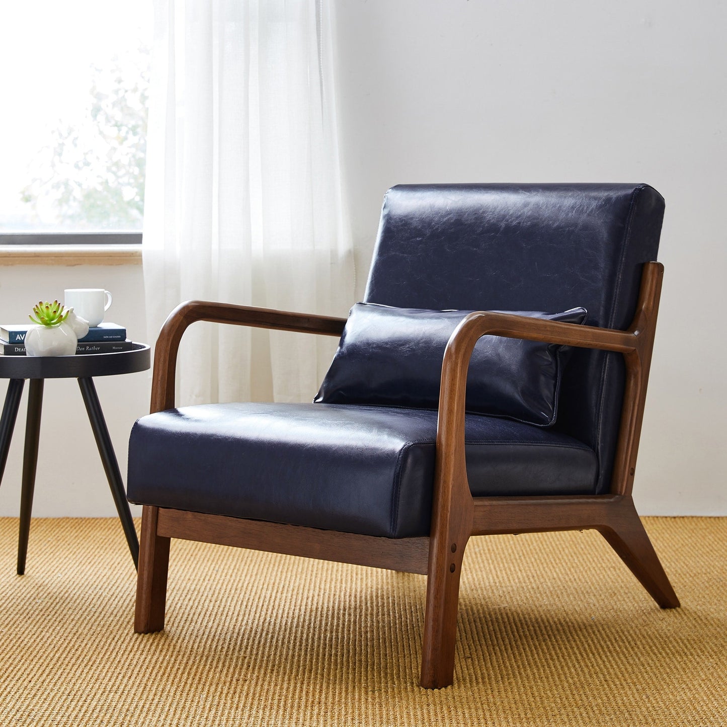 Glitzhome 30.75H Mid-Century Modern PU Leather Armchair Accent Chair with Pillow - 25.75W x 33.75D x 30.75H