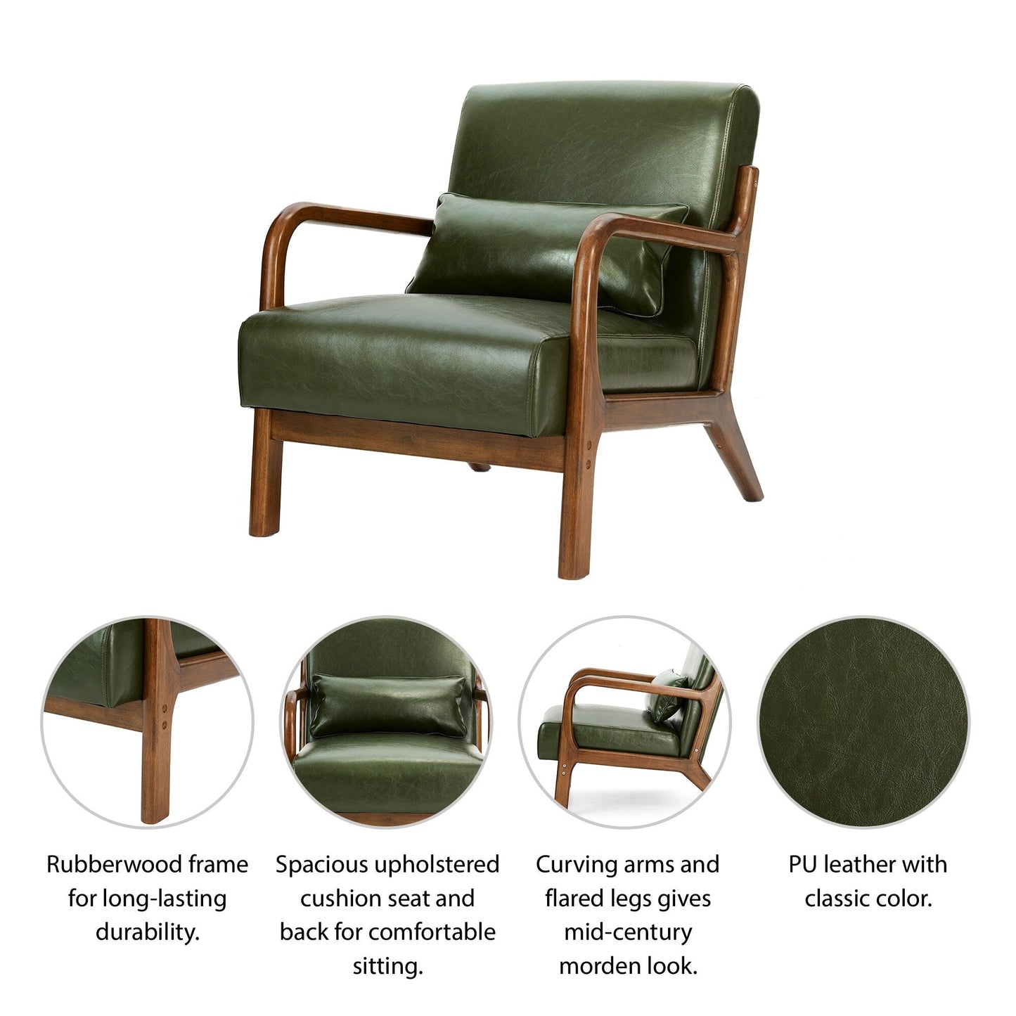 Glitzhome 30.75H Mid-Century Modern PU Leather Armchair Accent Chair with Pillow - 25.75W x 33.75D x 30.75H