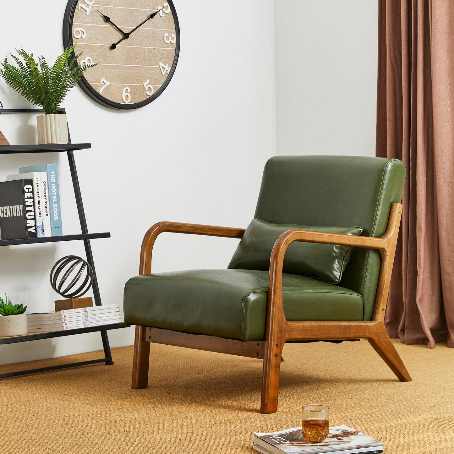 Glitzhome 30.75H Mid-Century Modern PU Leather Armchair Accent Chair with Pillow - 25.75W x 33.75D x 30.75H