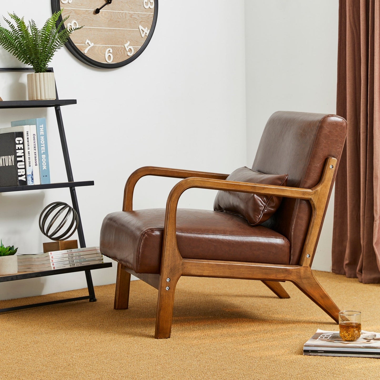 Glitzhome 30.75H Mid-Century Modern PU Leather Armchair Accent Chair with Pillow - 25.75W x 33.75D x 30.75H