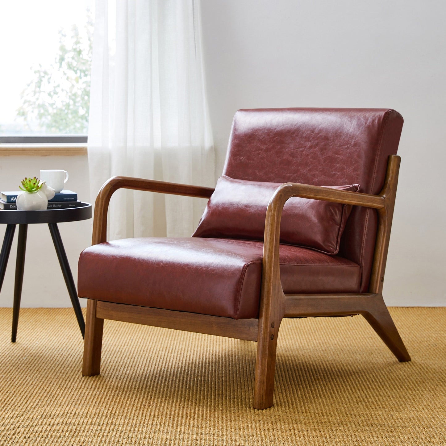 Glitzhome 30.75H Mid-Century Modern PU Leather Armchair Accent Chair with Pillow - 25.75W x 33.75D x 30.75H