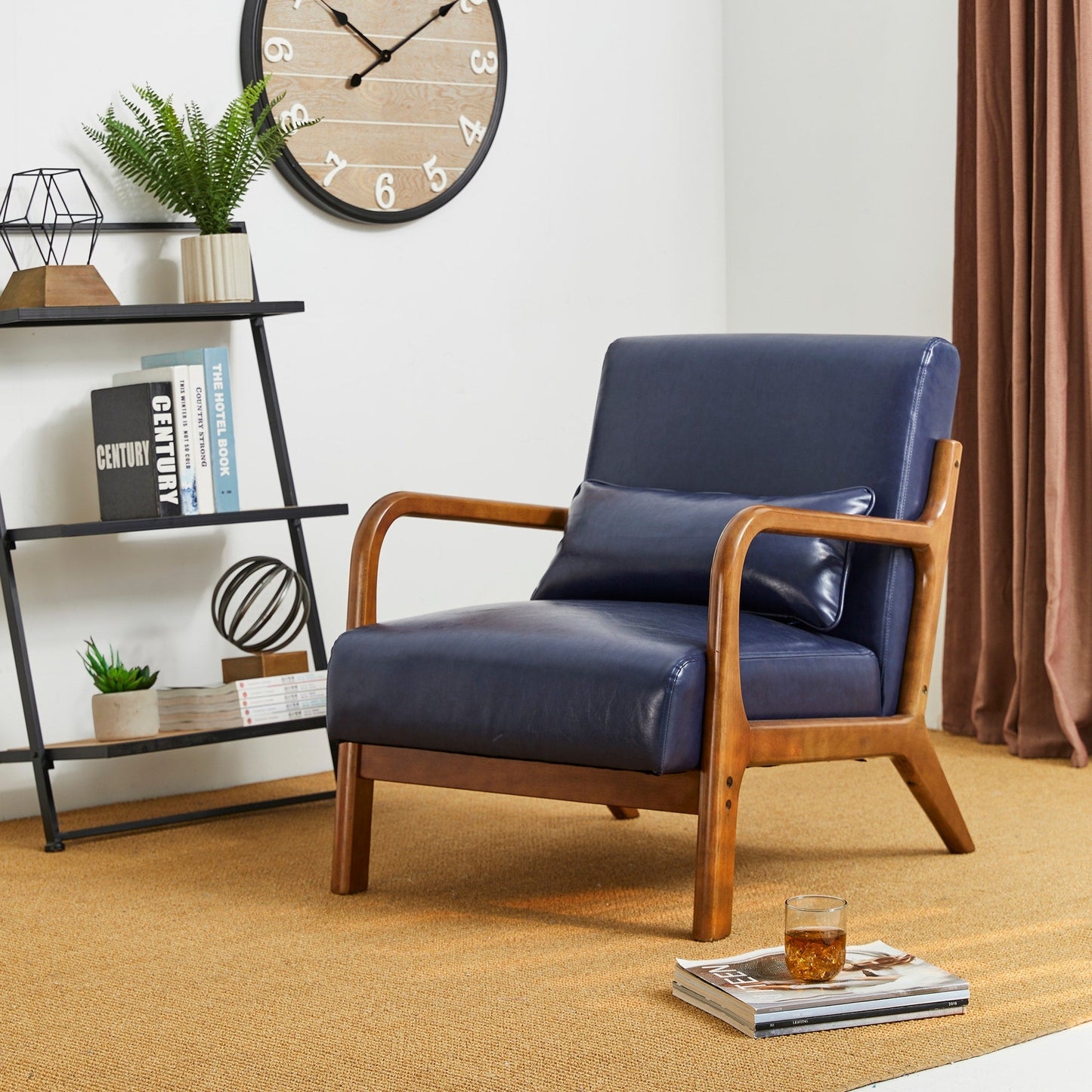 Glitzhome 30.75H Mid-Century Modern PU Leather Armchair Accent Chair with Pillow - 25.75W x 33.75D x 30.75H