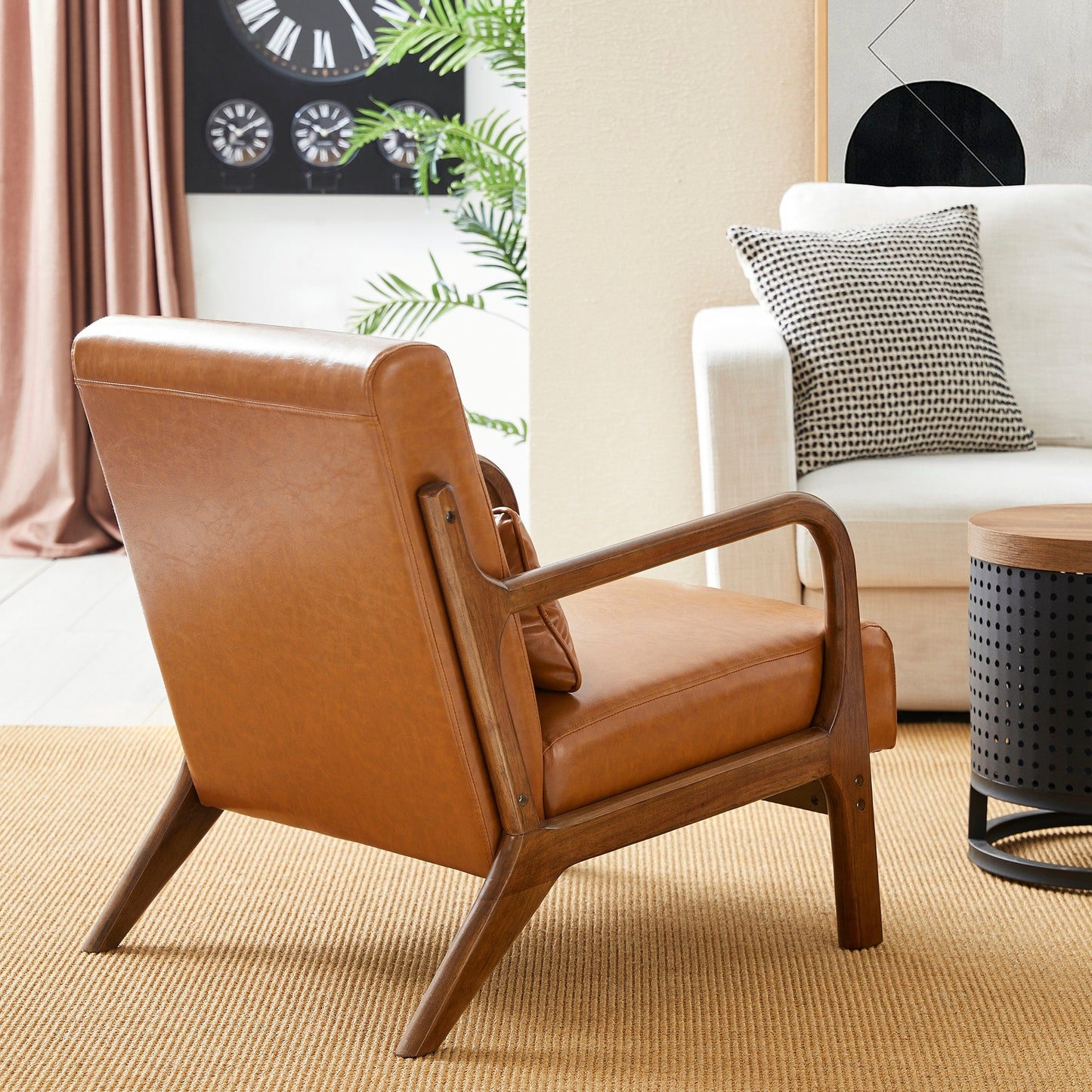 Glitzhome 30.75H Mid-Century Modern PU Leather Armchair Accent Chair with Pillow - 25.75W x 33.75D x 30.75H