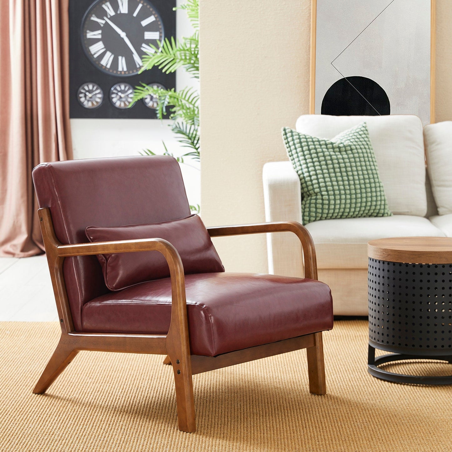 Glitzhome 30.75H Mid-Century Modern PU Leather Armchair Accent Chair with Pillow - 25.75W x 33.75D x 30.75H