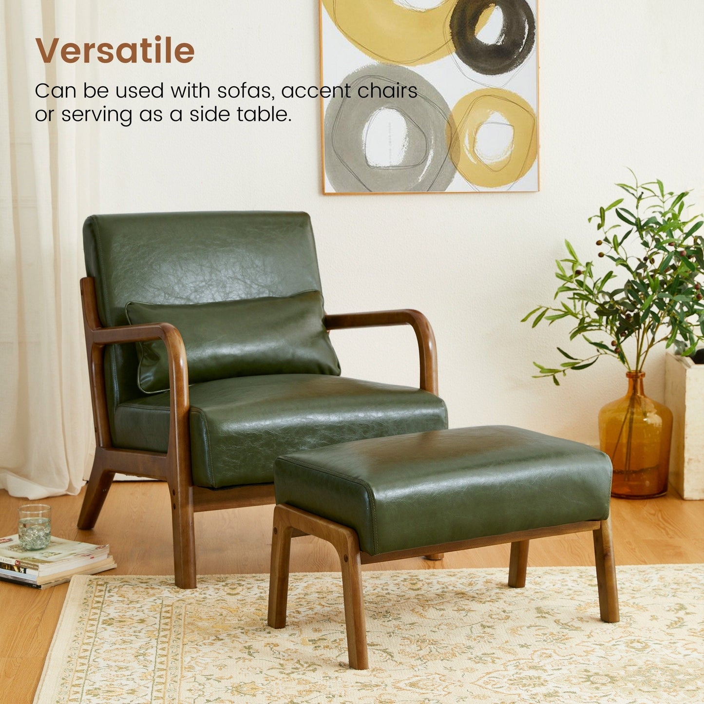 Glitzhome 30.75H Mid-Century Modern PU Leather Armchair Accent Chair with Pillow - 25.75W x 33.75D x 30.75H