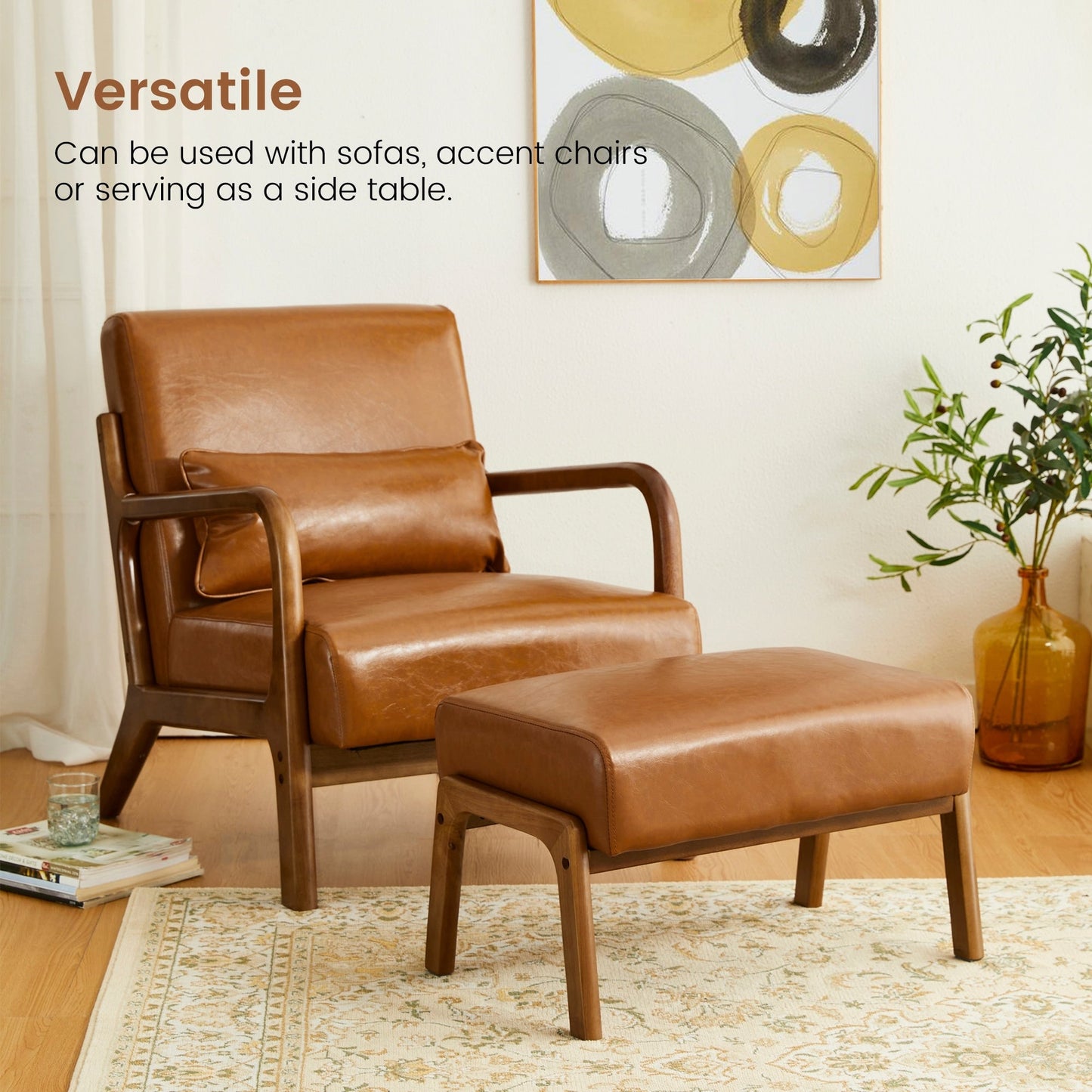 Glitzhome 30.75H Mid-Century Modern PU Leather Armchair Accent Chair with Pillow - 25.75W x 33.75D x 30.75H