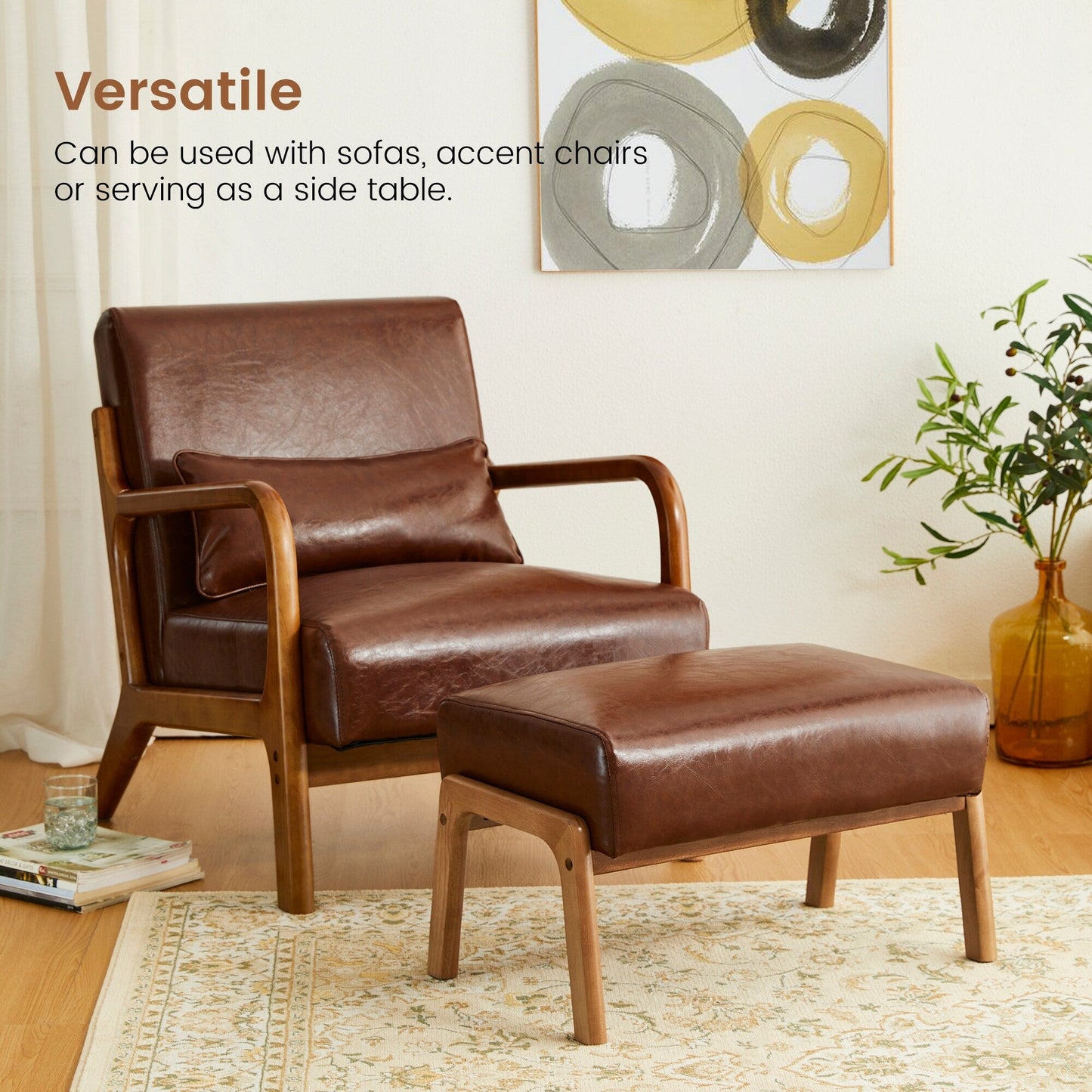 Glitzhome 30.75H Mid-Century Modern PU Leather Armchair Accent Chair with Pillow - 25.75W x 33.75D x 30.75H