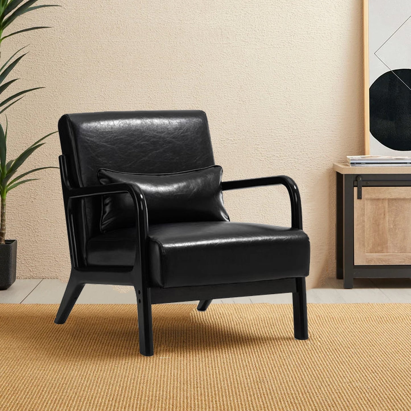 Glitzhome 30.75H Mid-Century Modern PU Leather Armchair Accent Chair with Pillow - 25.75W x 33.75D x 30.75H