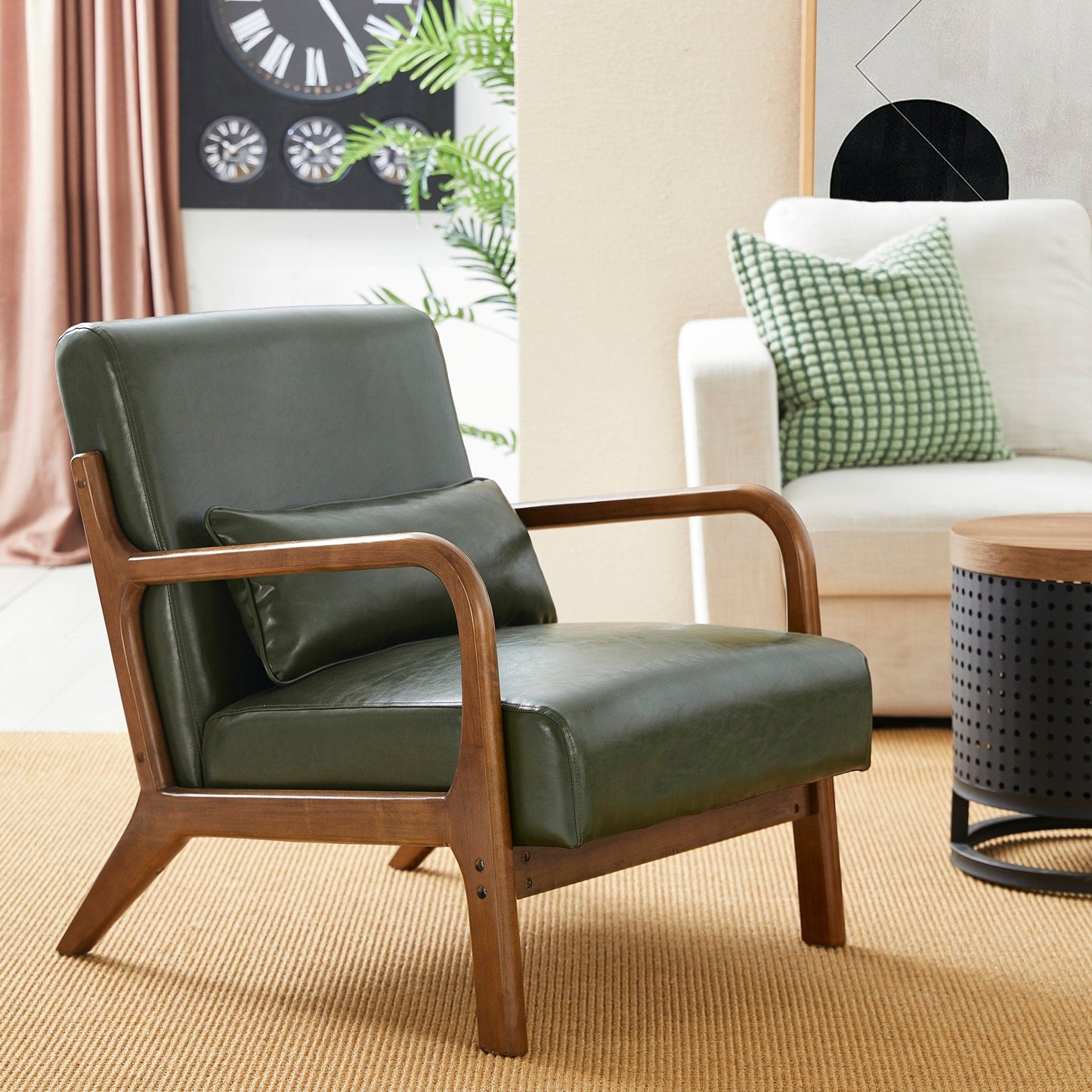 Glitzhome 30.75H Mid-Century Modern PU Leather Armchair Accent Chair with Pillow - 25.75W x 33.75D x 30.75H