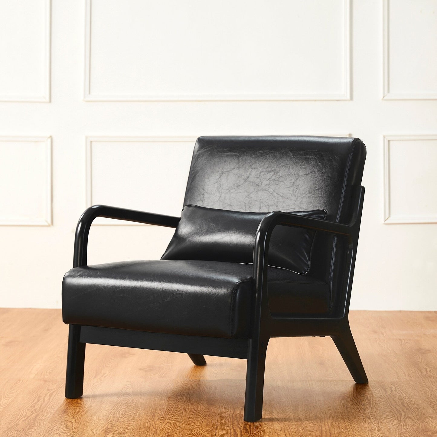 Glitzhome 30.75H Mid-Century Modern PU Leather Armchair Accent Chair with Pillow - 25.75W x 33.75D x 30.75H
