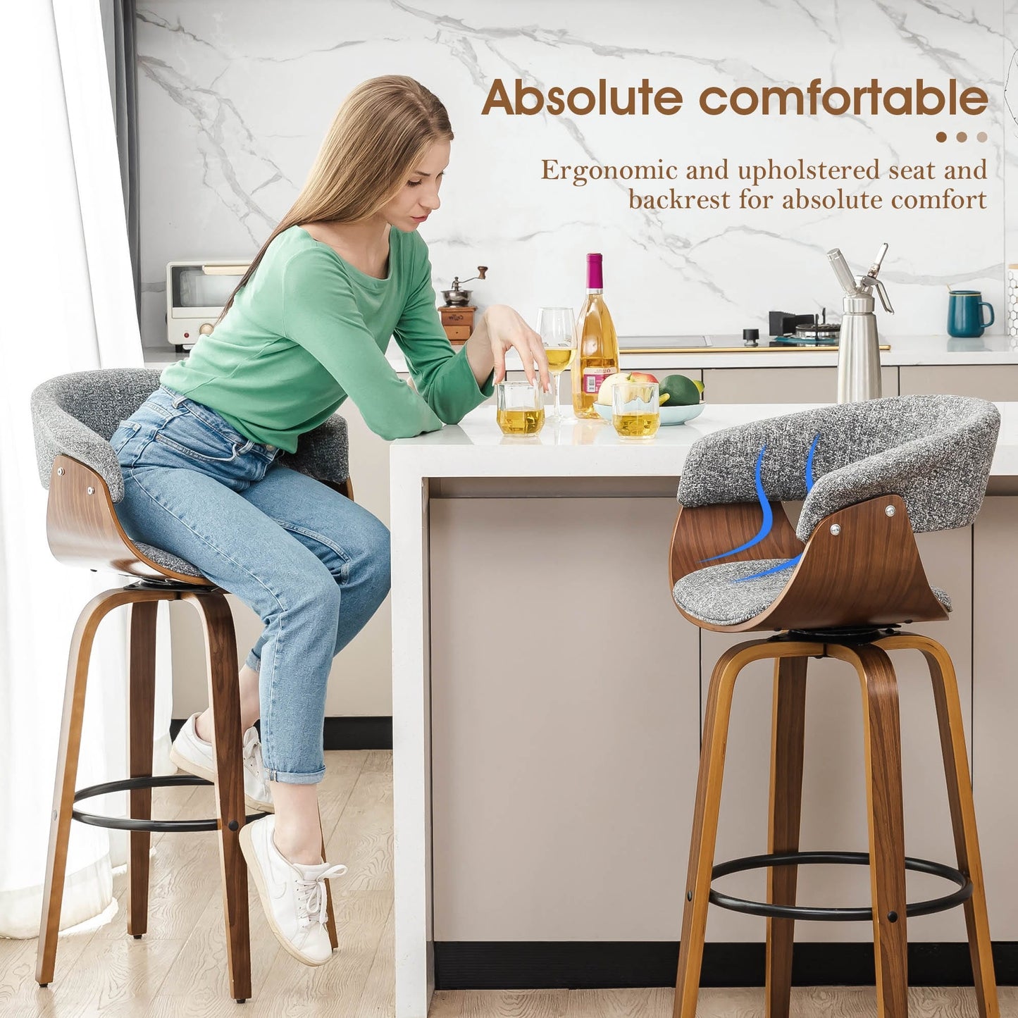 Glitzhome Set of 2 or 4 Modern Counter & Bar Height Wooden Swivel Bar Stools