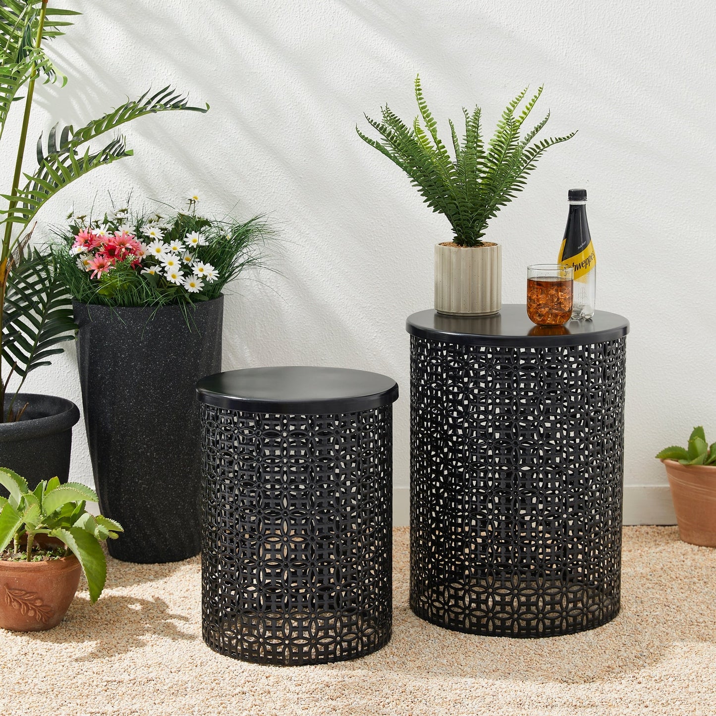 Glitzhome Set of 2 19.25H & 16.5H Multi-functional Metal Outdoor Table Garden Stool