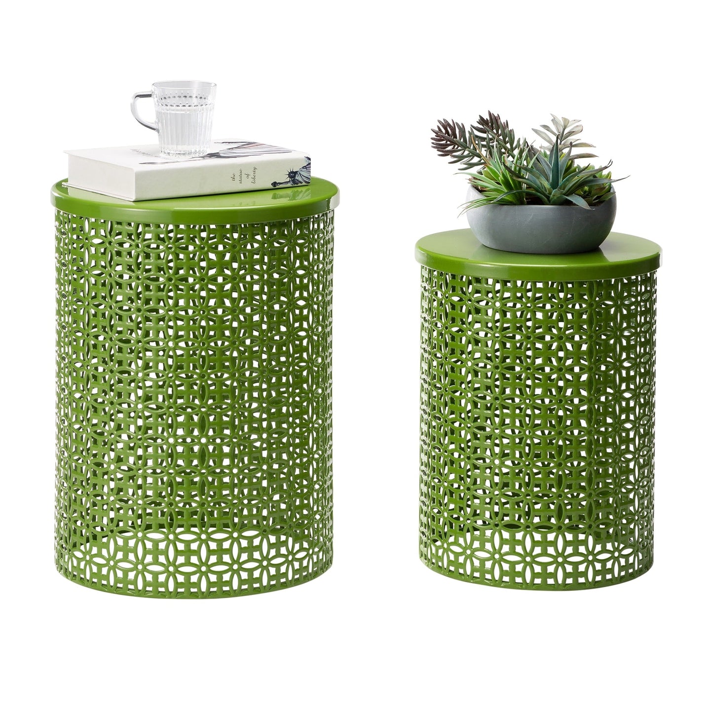 Glitzhome Set of 2 19.25H & 16.5H Multi-functional Metal Outdoor Table Garden Stool