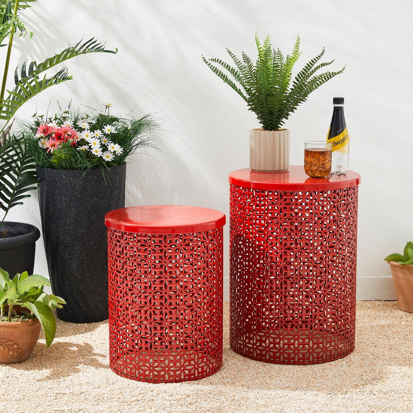 Glitzhome Set of 2 19.25H & 16.5H Multi-functional Metal Outdoor Table Garden Stool