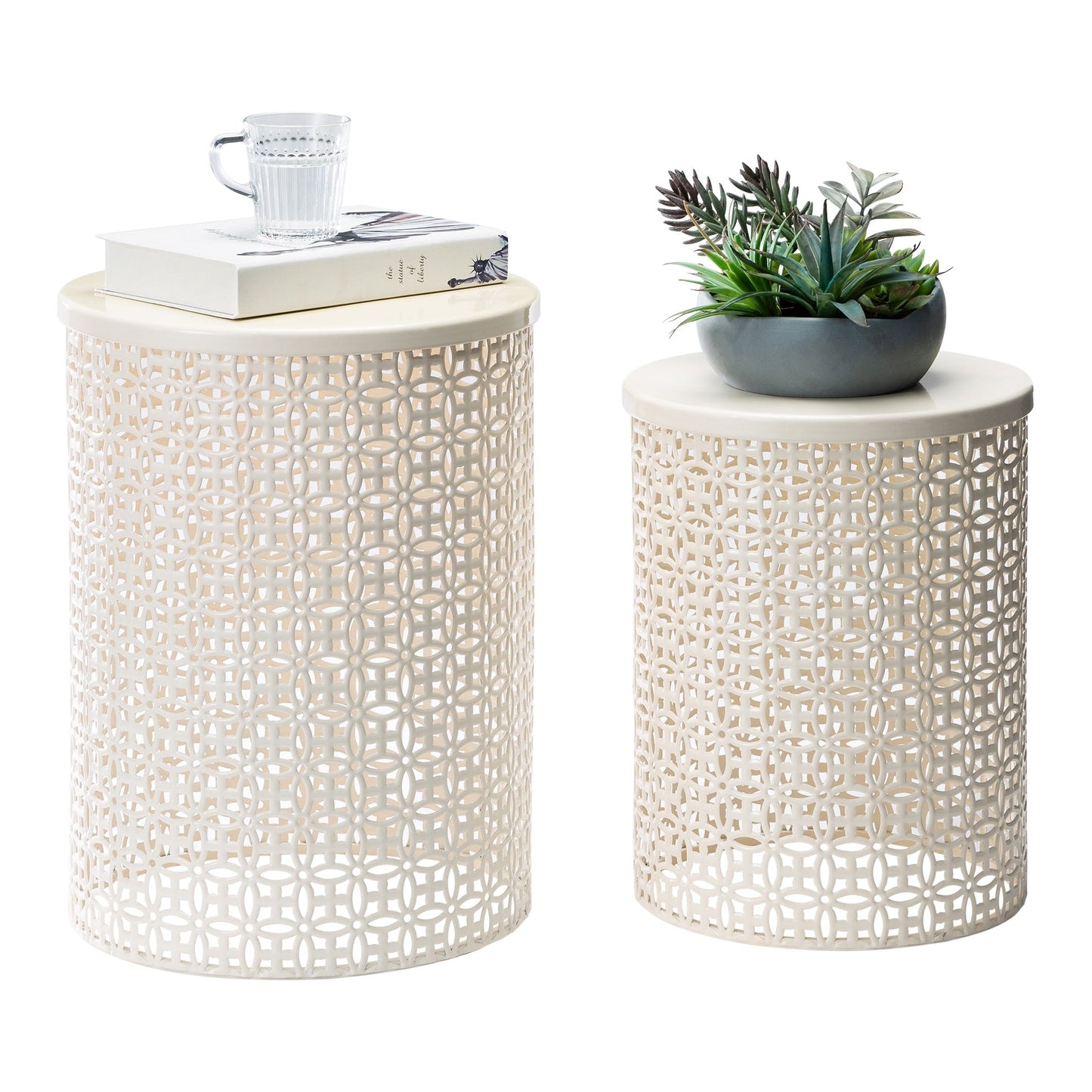 Glitzhome Set of 2 19.25H & 16.5H Multi-functional Metal Outdoor Table Garden Stool