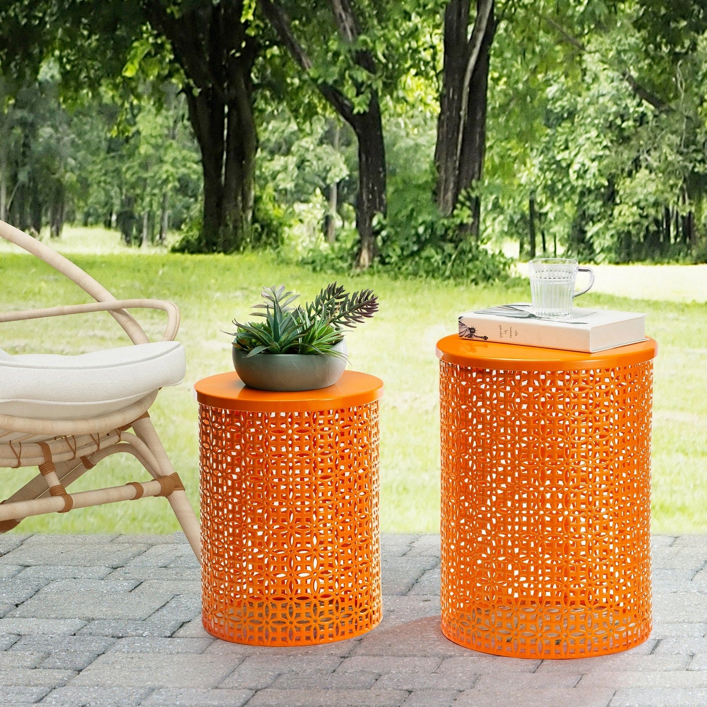 Glitzhome Set of 2 19.25H & 16.5H Multi-functional Metal Outdoor Table Garden Stool