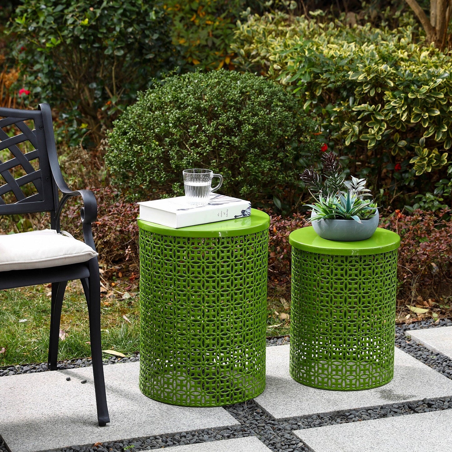 Glitzhome Set of 2 19.25H & 16.5H Multi-functional Metal Outdoor Table Garden Stool