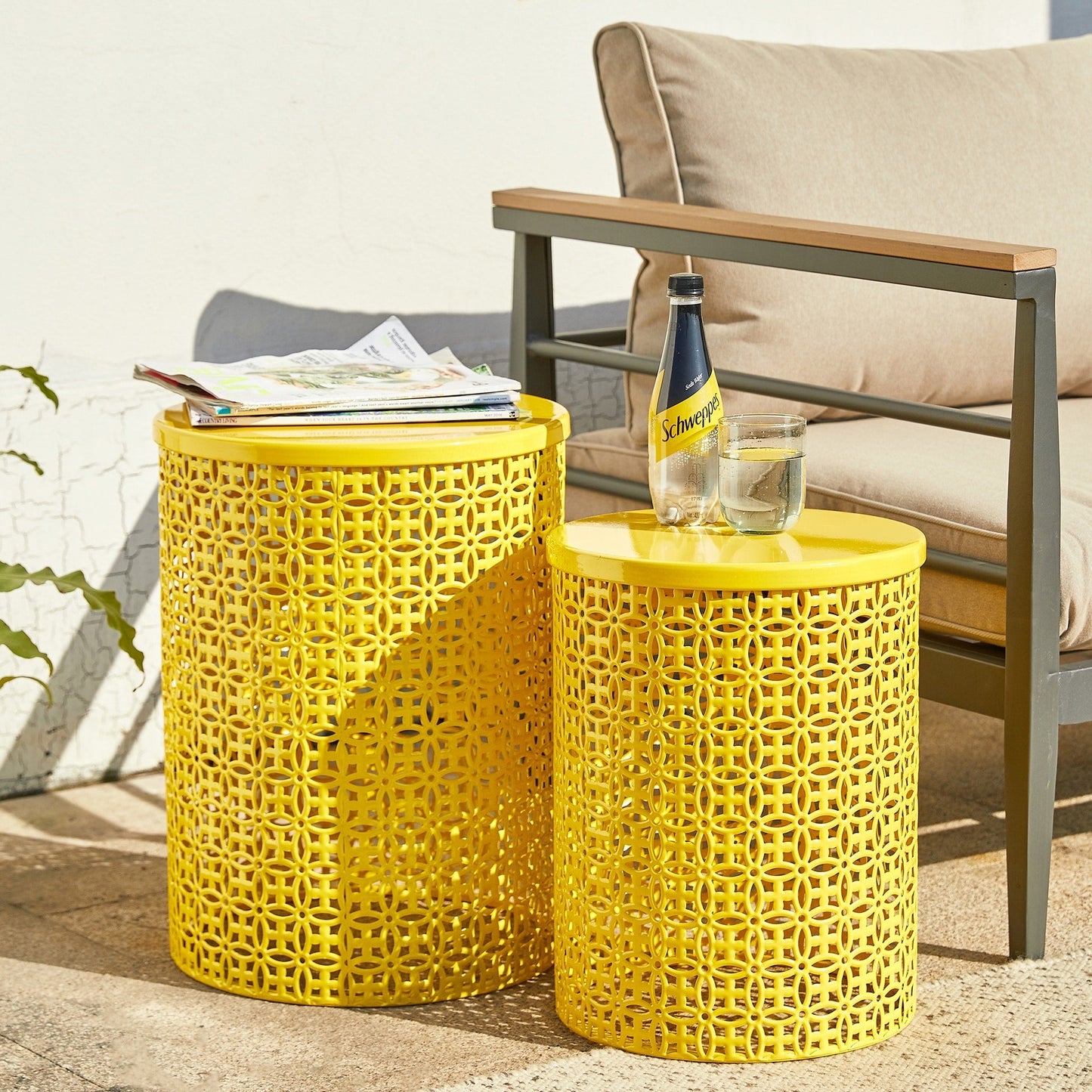 Glitzhome Set of 2 19.25H & 16.5H Multi-functional Metal Outdoor Table Garden Stool