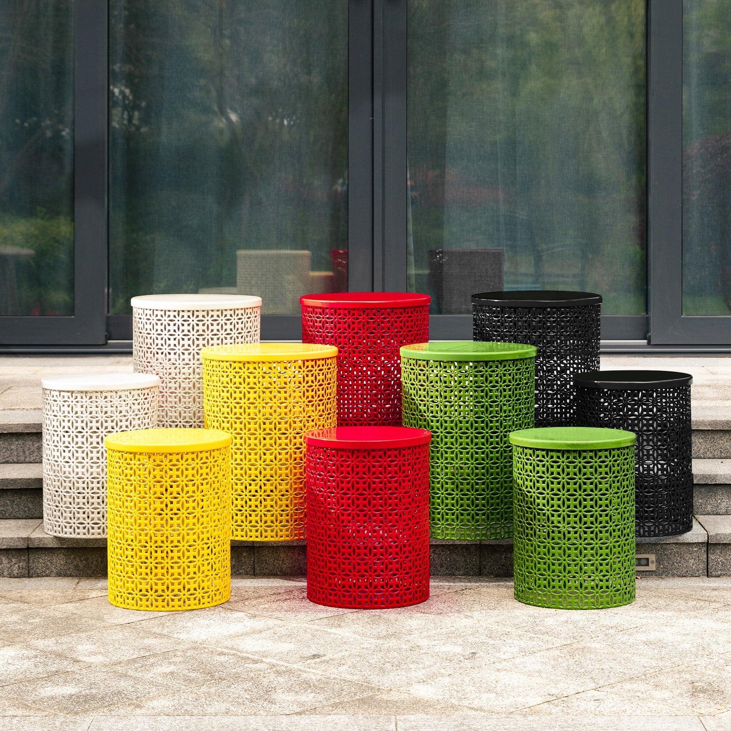 Glitzhome Set of 2 19.25H & 16.5H Multi-functional Metal Outdoor Table Garden Stool
