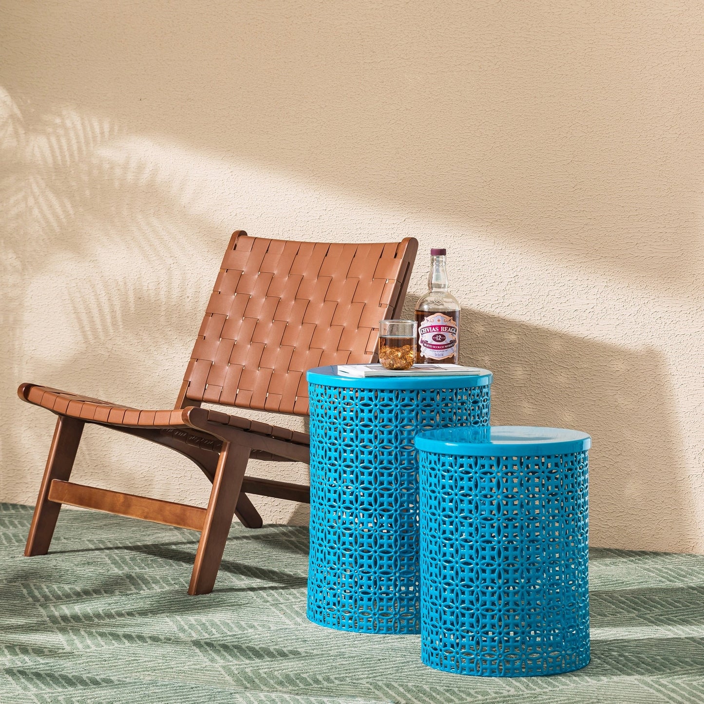 Glitzhome Set of 2 19.25H & 16.5H Multi-functional Metal Outdoor Table Garden Stool