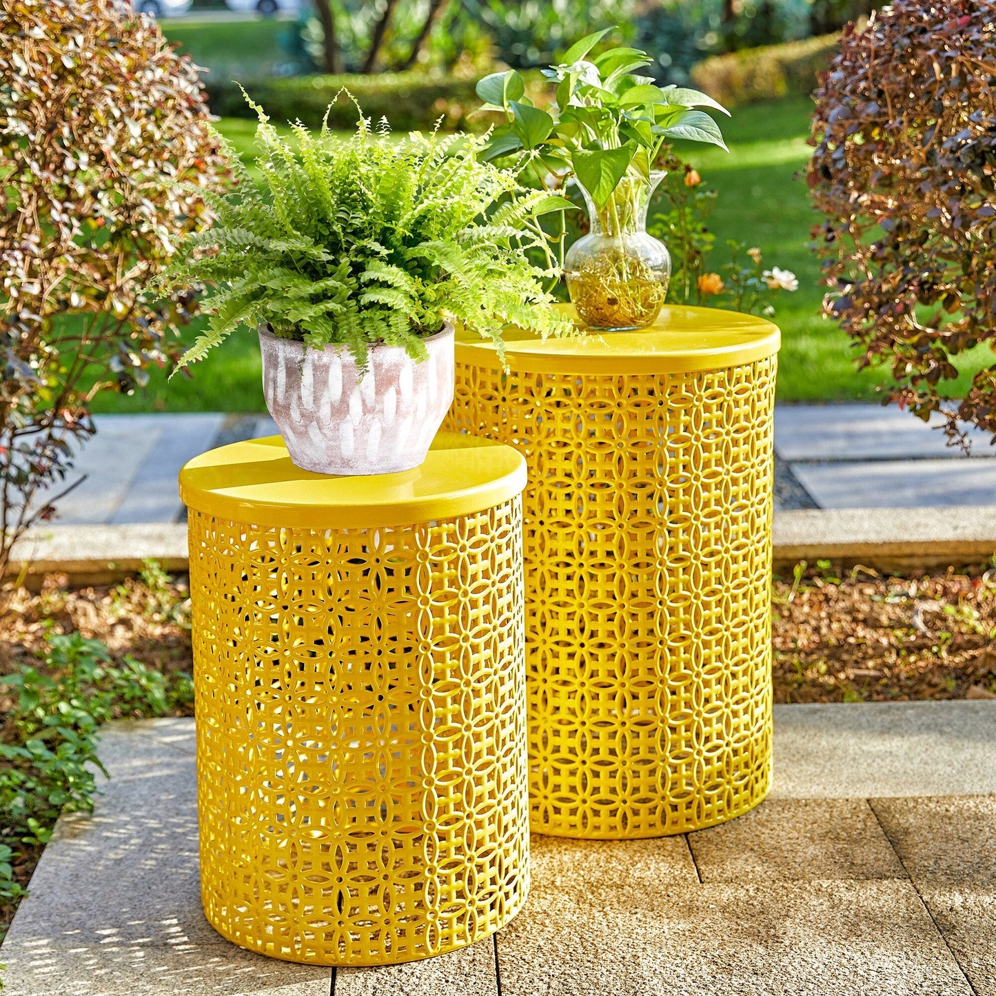 Glitzhome Set of 2 19.25H & 16.5H Multi-functional Metal Outdoor Table Garden Stool