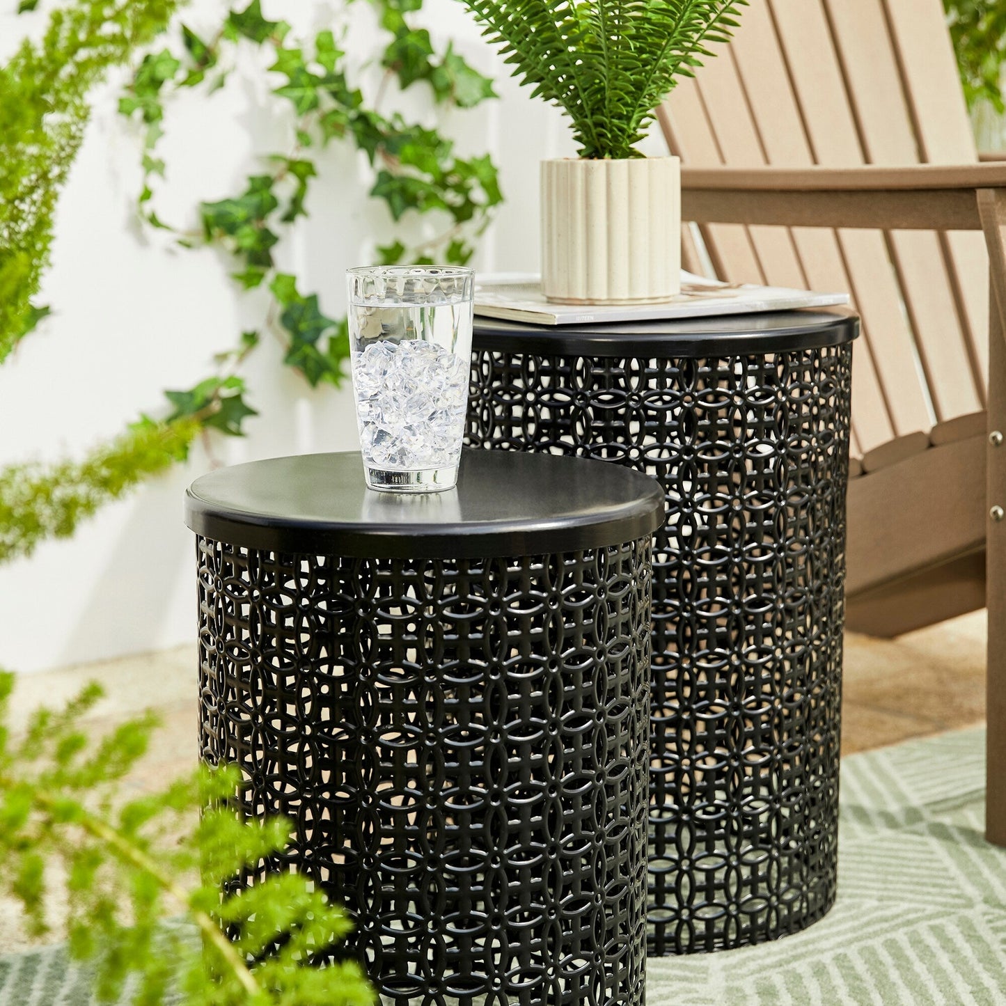 Glitzhome Set of 2 19.25H & 16.5H Multi-functional Metal Outdoor Table Garden Stool