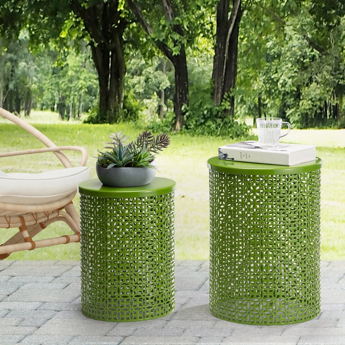 Glitzhome Set of 2 19.25H & 16.5H Multi-functional Metal Outdoor Table Garden Stool