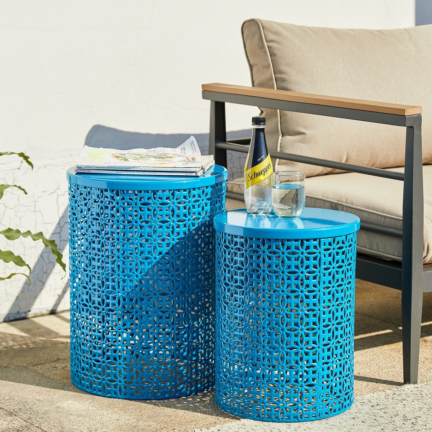 Glitzhome Set of 2 19.25H & 16.5H Multi-functional Metal Outdoor Table Garden Stool