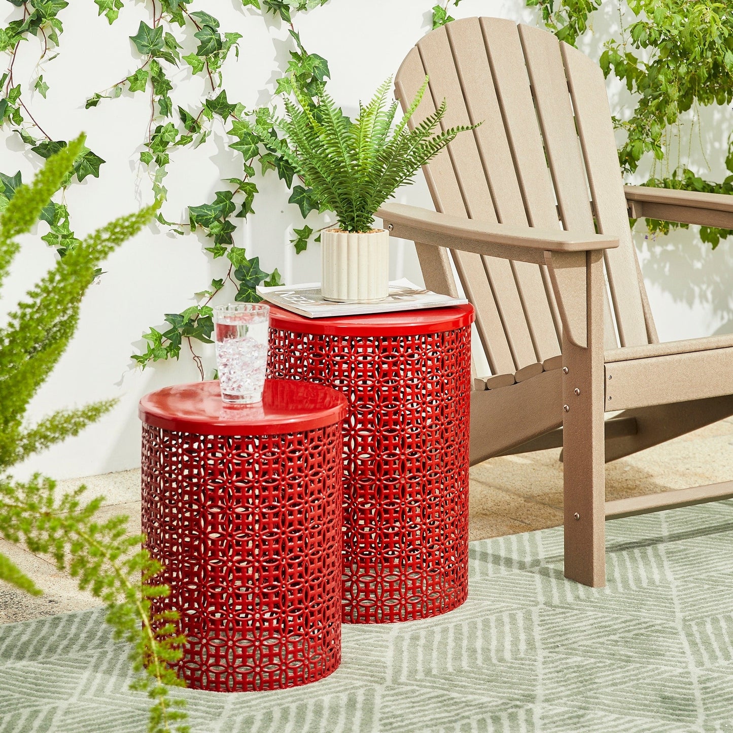 Glitzhome Set of 2 19.25H & 16.5H Multi-functional Metal Outdoor Table Garden Stool