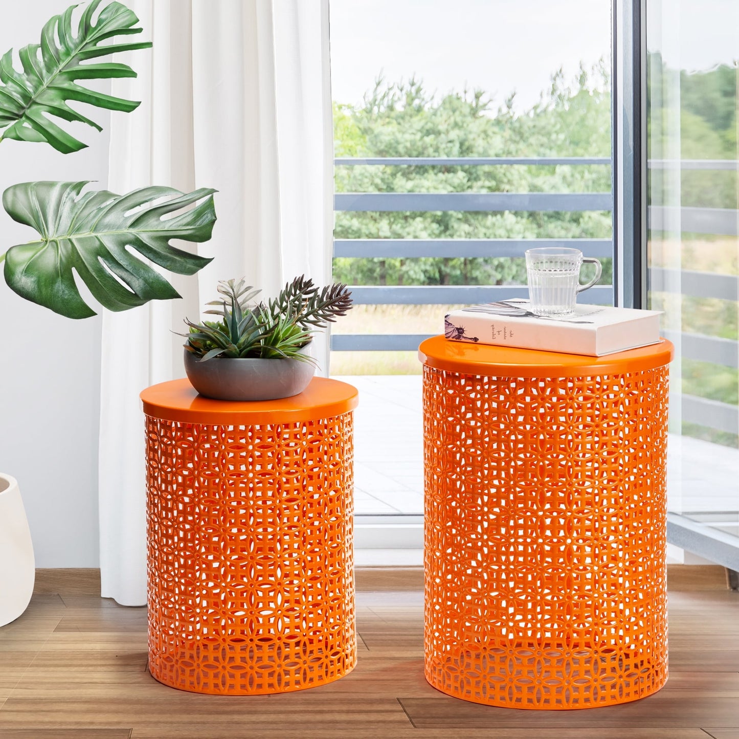Glitzhome Set of 2 19.25H & 16.5H Multi-functional Metal Outdoor Table Garden Stool