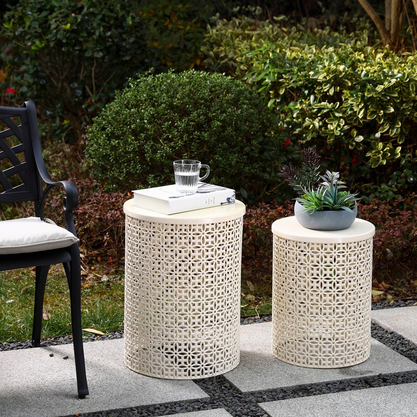 Glitzhome Set of 2 19.25H & 16.5H Multi-functional Metal Outdoor Table Garden Stool