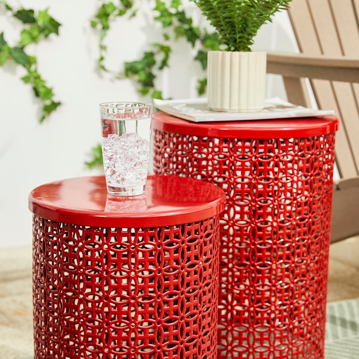 Glitzhome Set of 2 19.25H & 16.5H Multi-functional Metal Outdoor Table Garden Stool