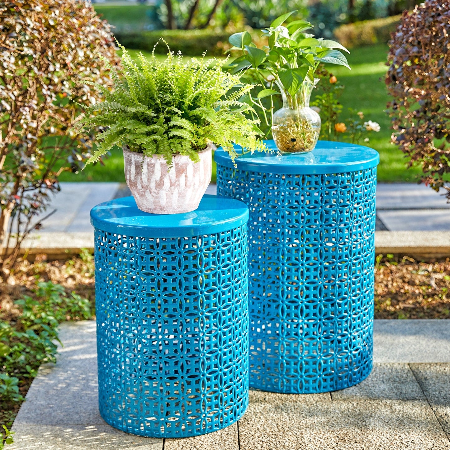 Glitzhome Set of 2 19.25H & 16.5H Multi-functional Metal Outdoor Table Garden Stool