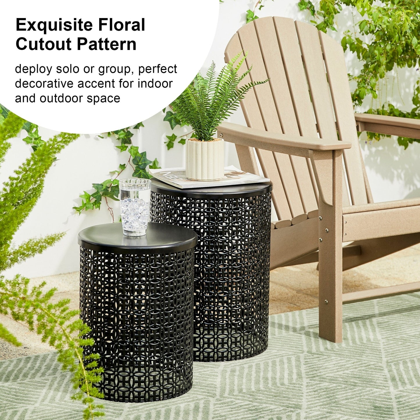 Glitzhome Set of 2 19.25H & 16.5H Multi-functional Metal Outdoor Table Garden Stool