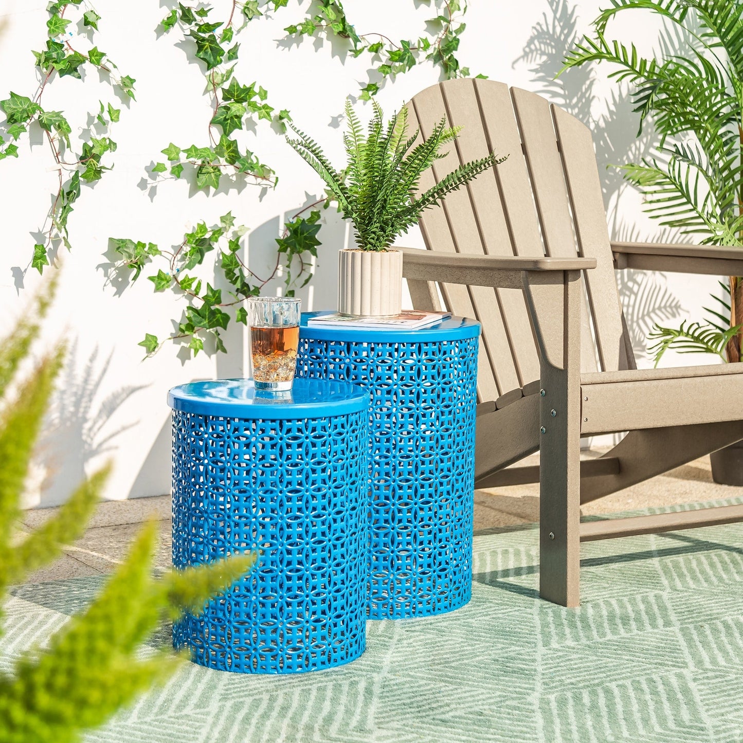 Glitzhome Set of 2 19.25H & 16.5H Multi-functional Metal Outdoor Table Garden Stool
