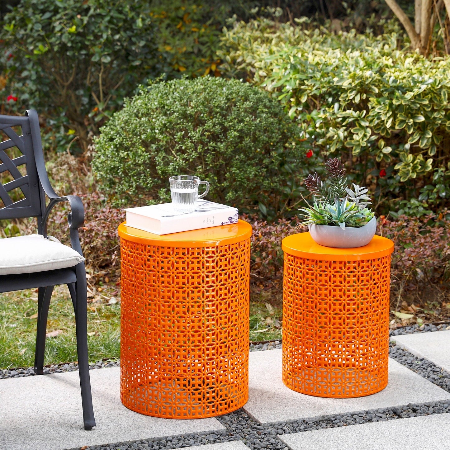 Glitzhome Set of 2 19.25H & 16.5H Multi-functional Metal Outdoor Table Garden Stool