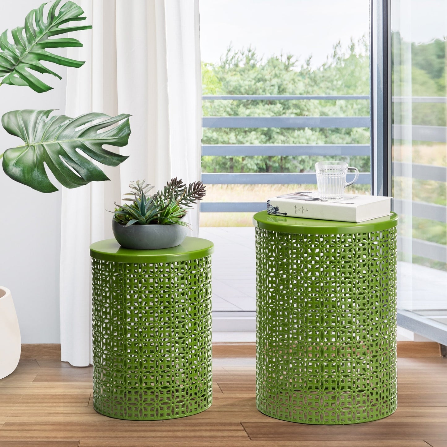 Glitzhome Set of 2 19.25H & 16.5H Multi-functional Metal Outdoor Table Garden Stool