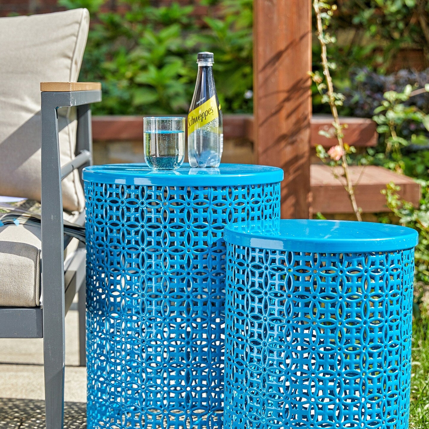 Glitzhome Set of 2 19.25H & 16.5H Multi-functional Metal Outdoor Table Garden Stool